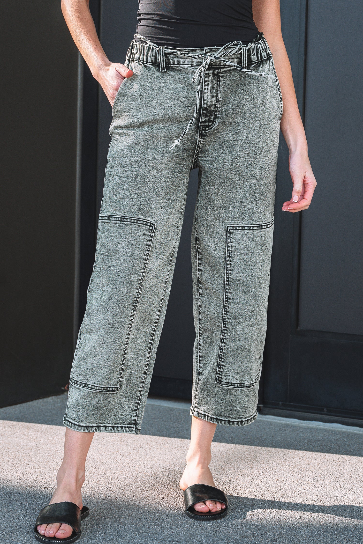 Gray Acid Wash Tie Waist Denim Pants