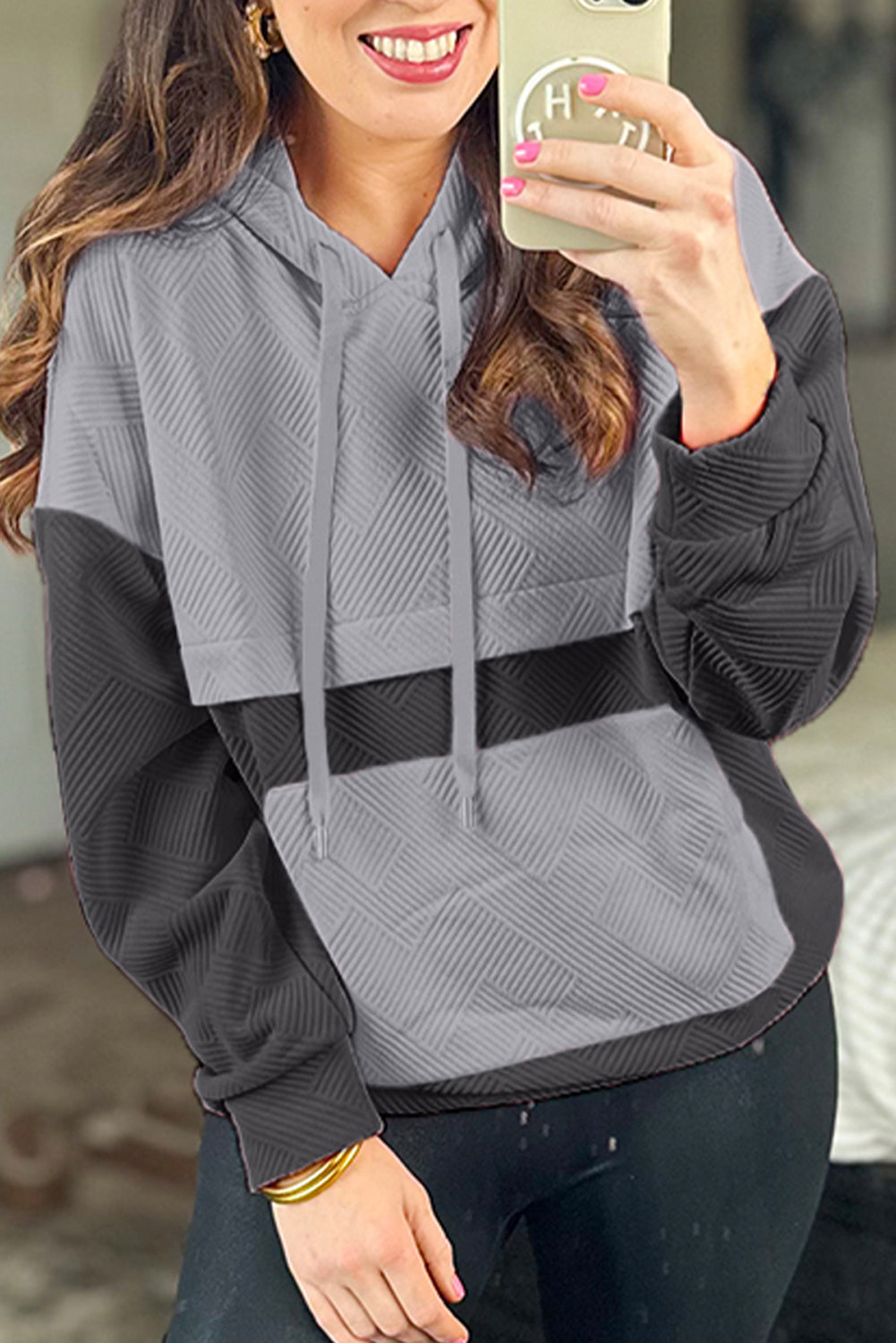 Pink Textured Colour Block Kangaroo Pocket Drop Shoulder Hoodie eAura