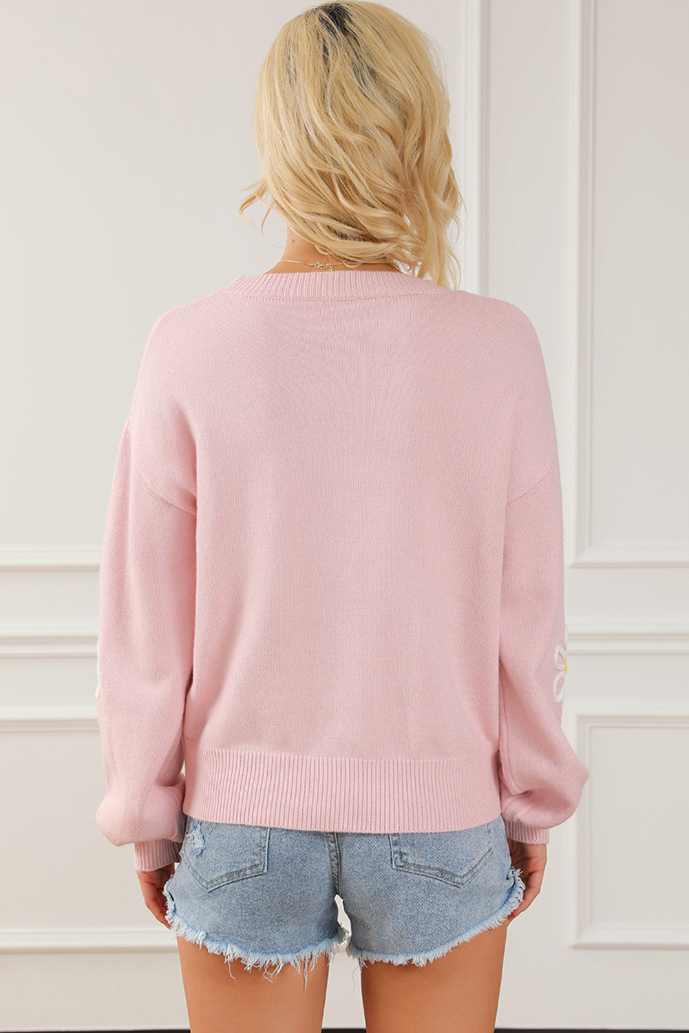 Pink Chenille Daisy Stitching Crew Neck Sweater eAura