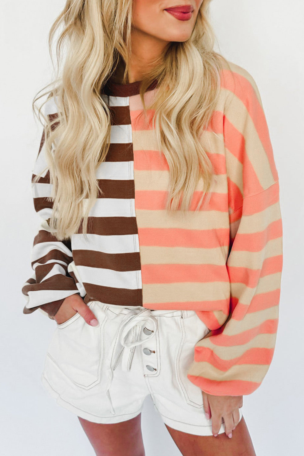 Brown Stripe Colour Block Drop Shoulder Pullover Sweatshirt eAura