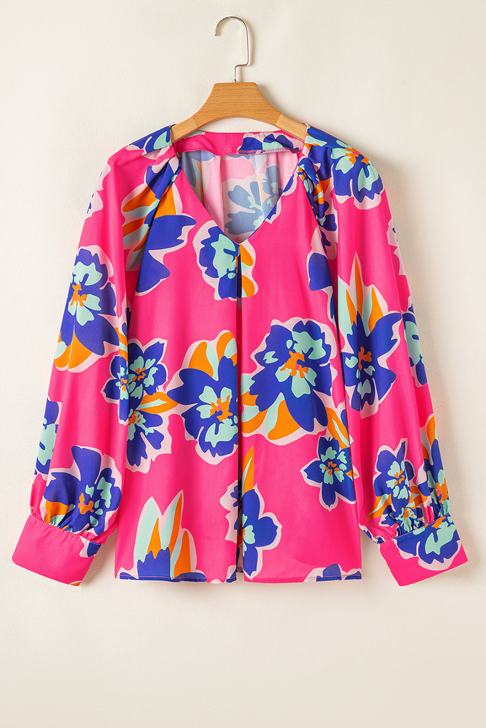 Rose Floral Pattern V Neck Balloon Sleeve Plus Size Blouse BB Fashion Outlet