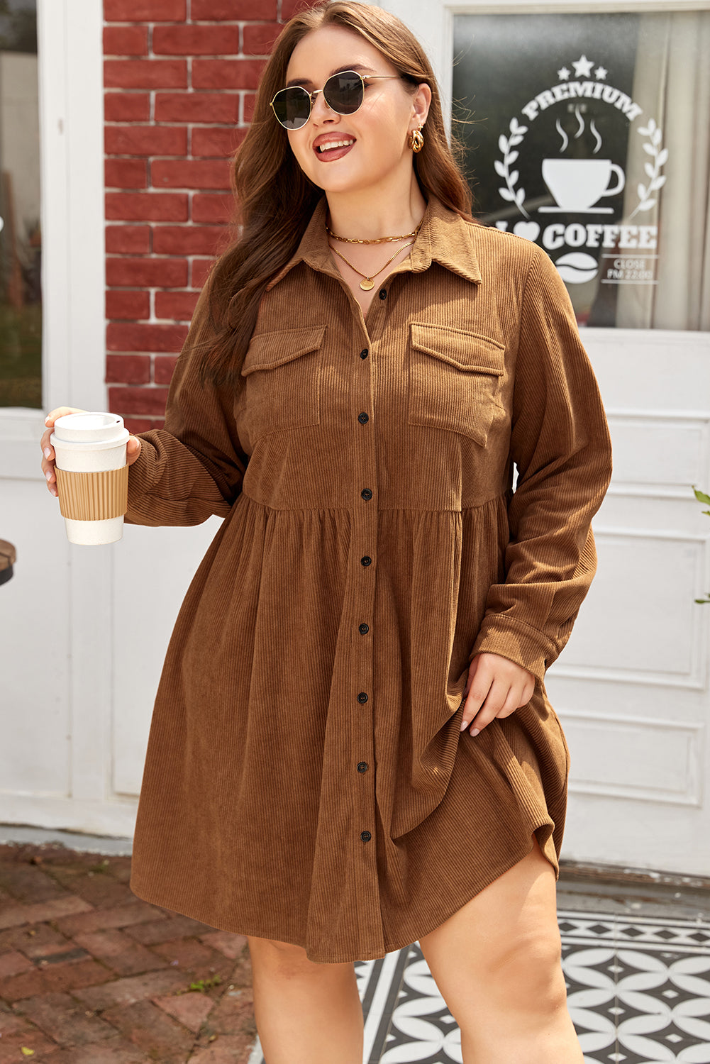 Soft Corduroy Full Buttoned Collared Shirt Dress Plus Size - eAura