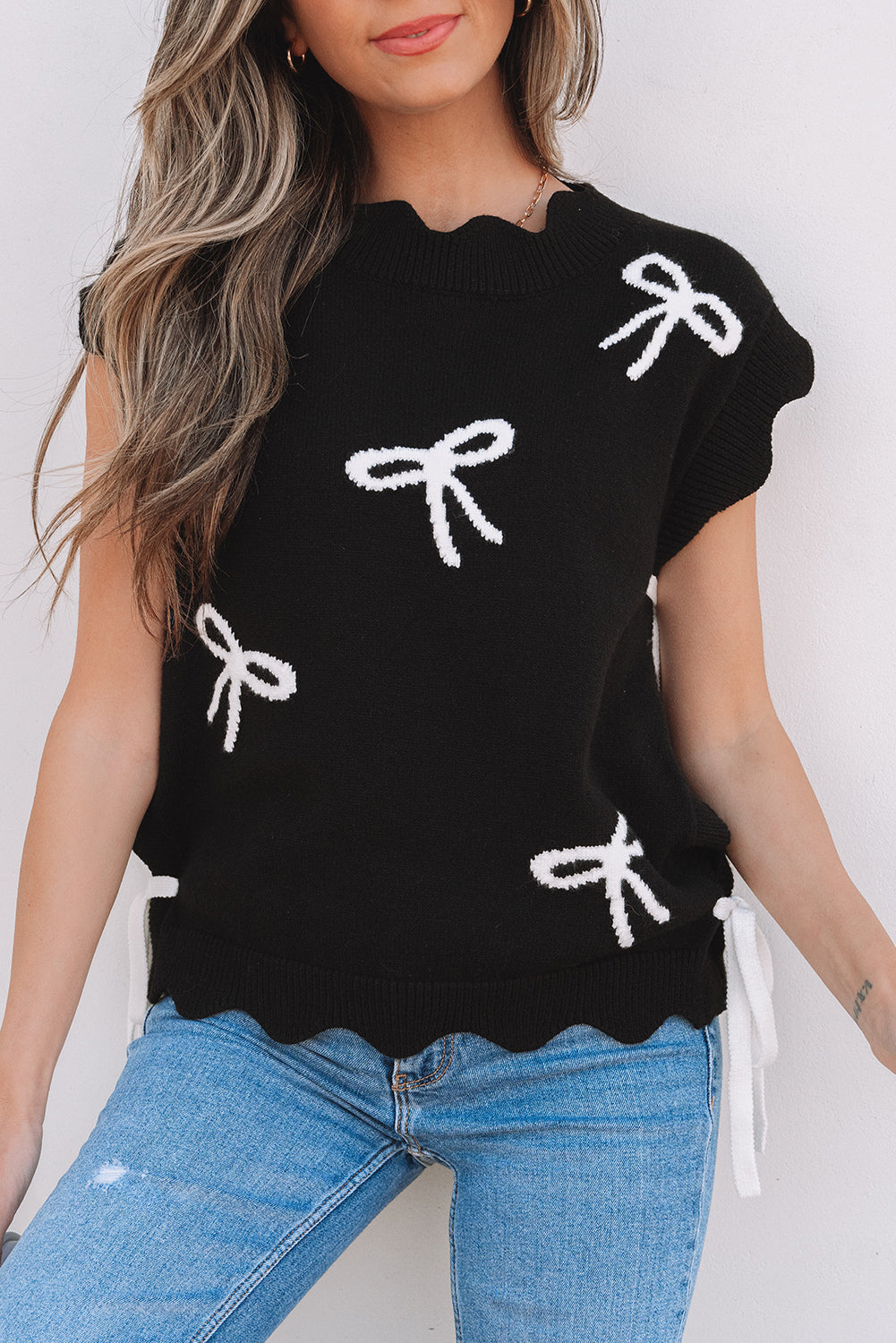 Black Bow Print Side Ties Scalloped Hem Sweater eAura