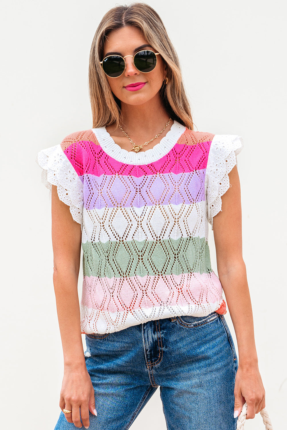Rose Stripe Colourblock Hollowed Knit Scallop Edge Sweater Vest eAura