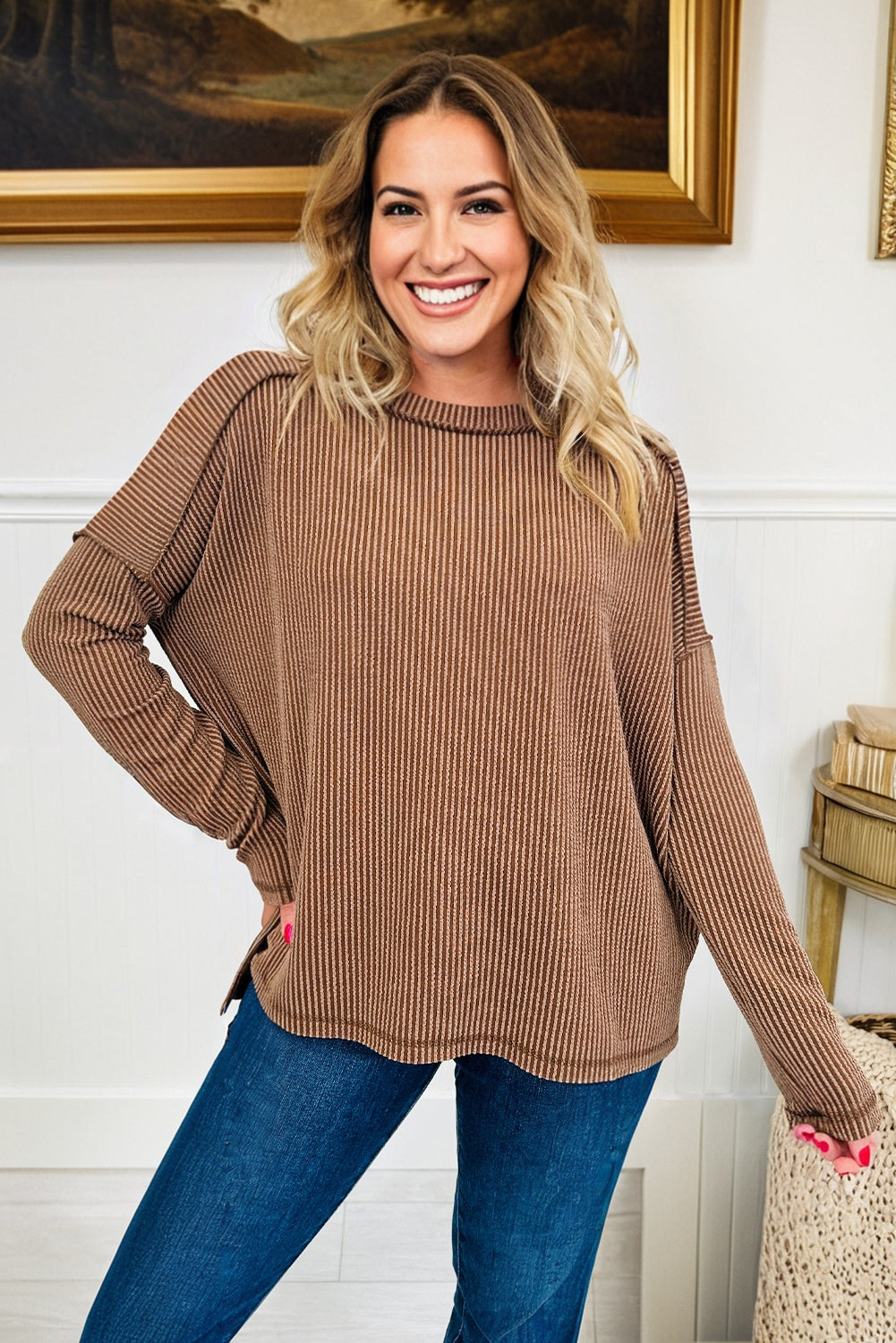 Twist Ribbed Exposed Seam Detail Long Sleeve Loose Top - Tops/Long Tops