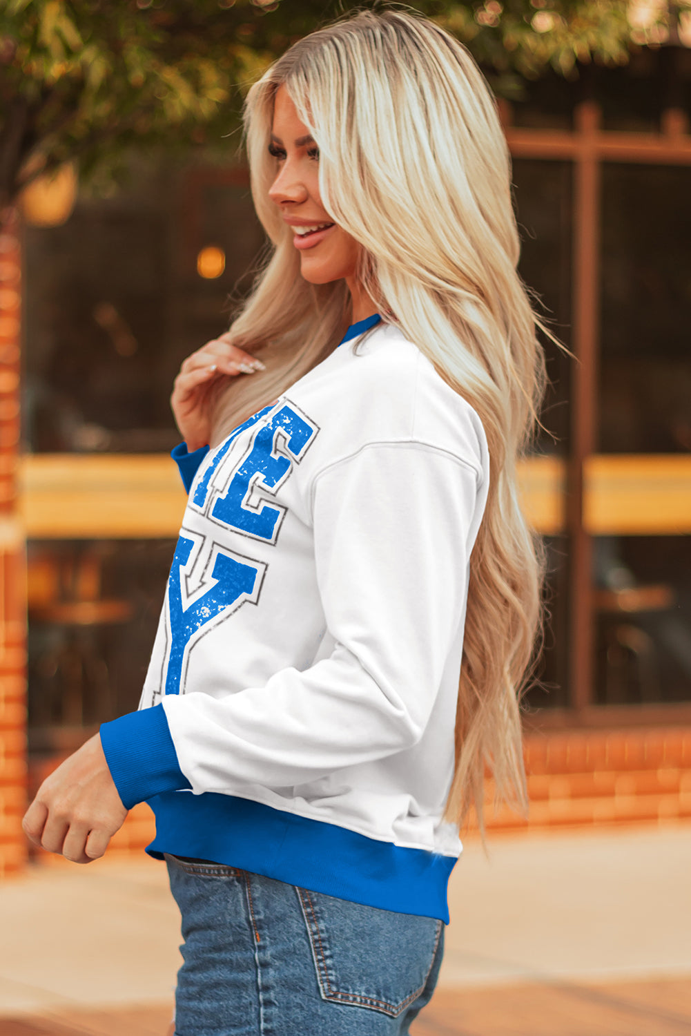 GAME DAY Letter Graphic Varsity Striped Baggy Sweatshirt - eAura