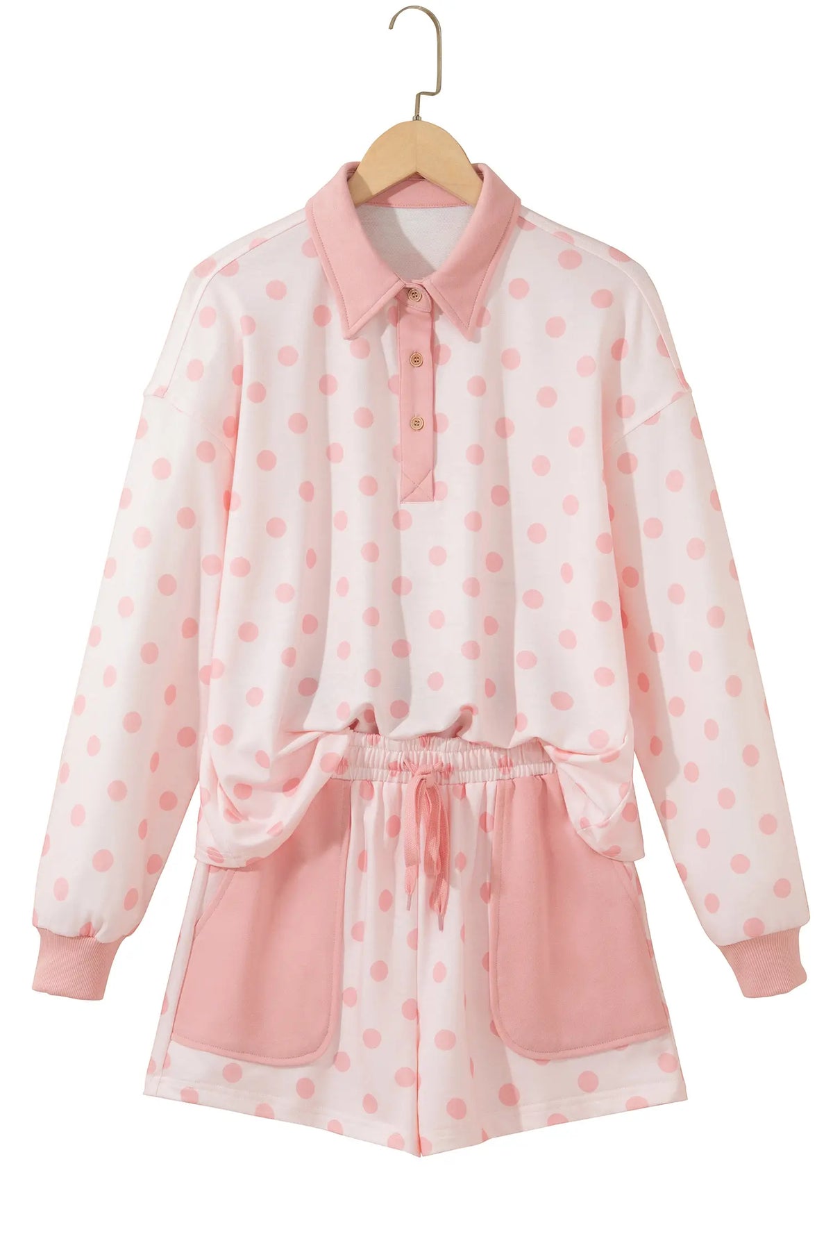 Polka Dot Drop Shoulder Polo Loose Pullover Patch Pocket Casual Shorts Set – Pink