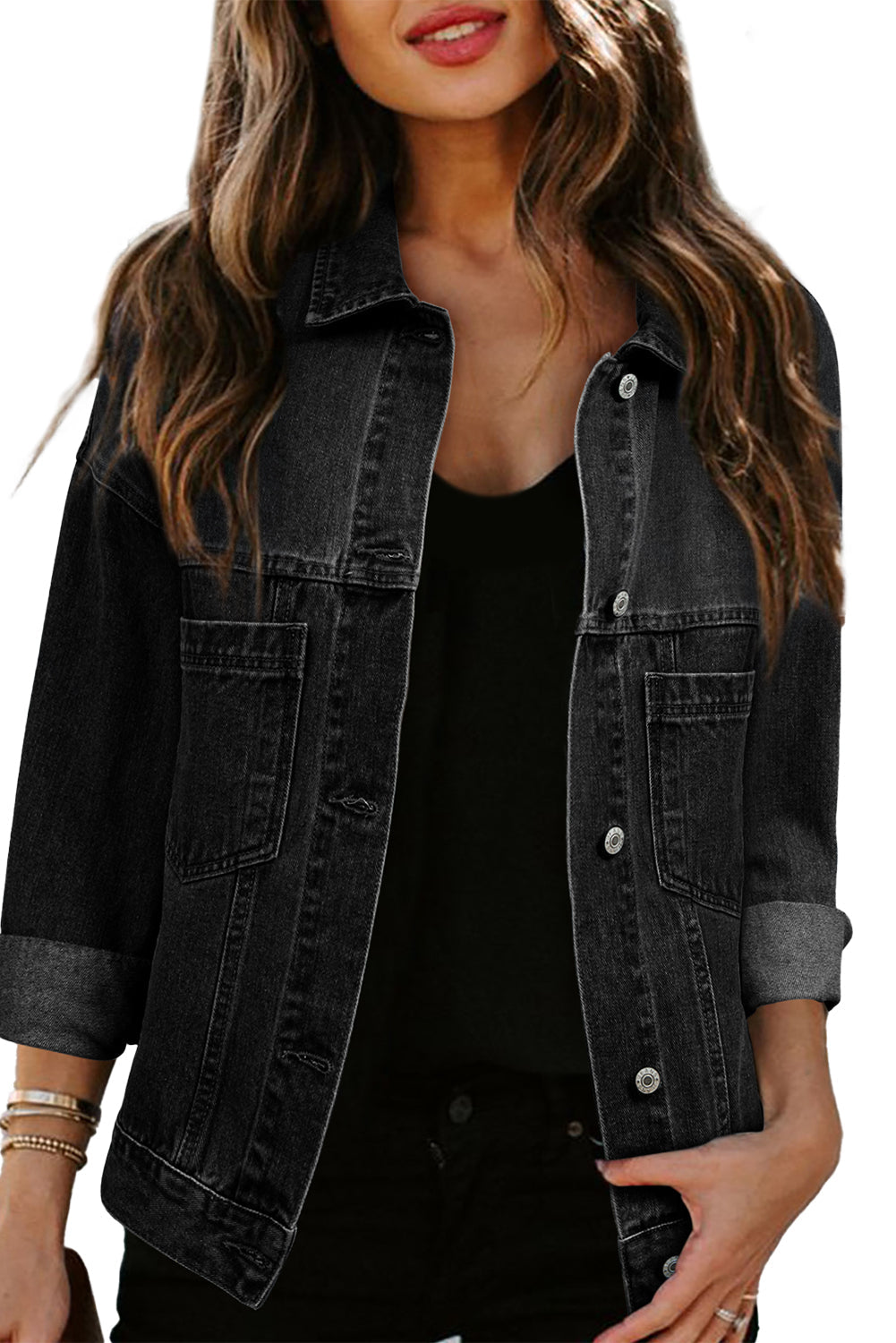 Black Washed Oversize Pocketed Denim Jacket eAura