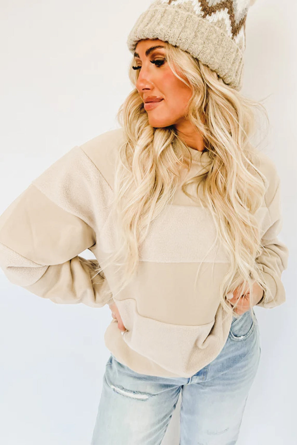 Oatmeal Contrast 2-tone Patchwork Raglan Sleeve Sweatshirt eAura