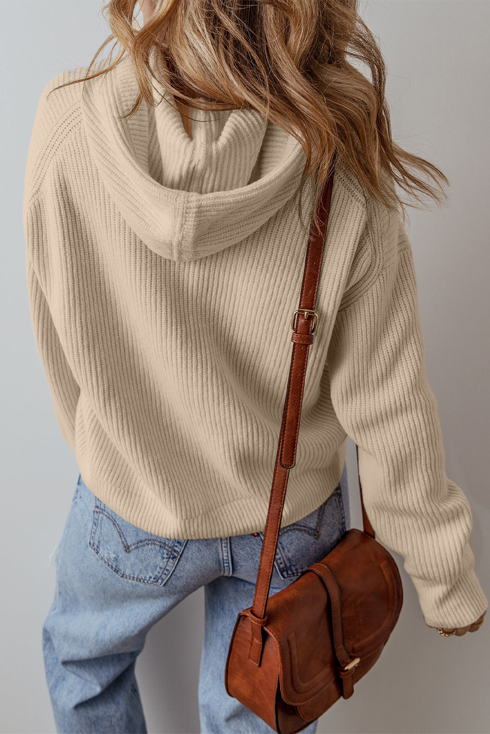 Beige Solid Colour Drawstring Hooded Drop Shoulder Pullover Sweater eAura
