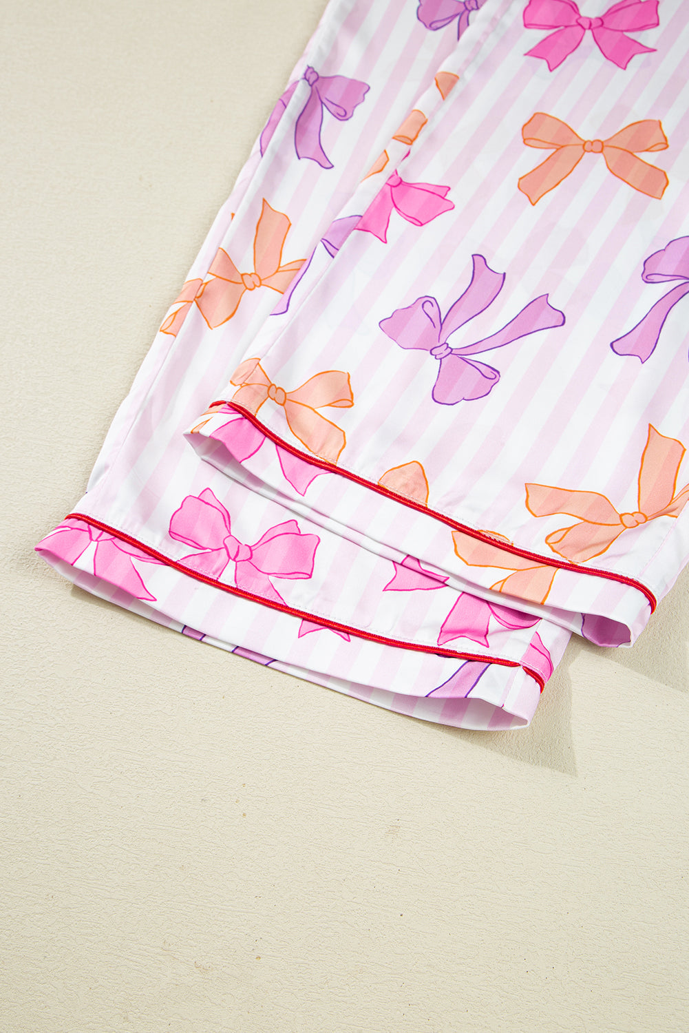 Pink Striped Bow Print Contrast Piping Trim Shirt and Bottoms Pyjama Set
