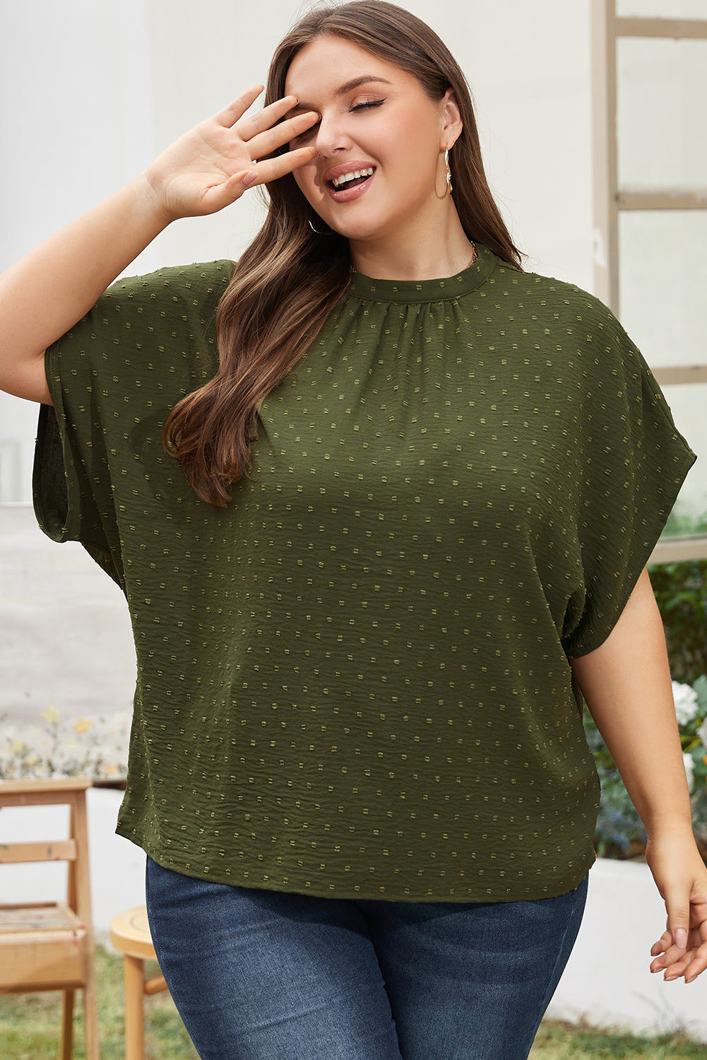 Moss Green Plus Size Swiss Dot Mock Neck Tied Nape Top BB Fashion Outlet