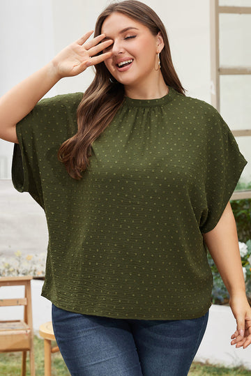Moss Green Plus Size Swiss Dot Mock Neck Tied Nape Top BB Fashion Outlet