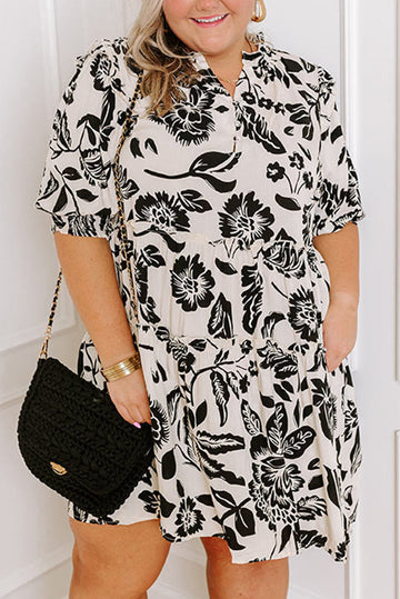 Black Floral Print Tiered Frilled Half Sleeve Plus Size Mini Dress BB Fashion Outlet
