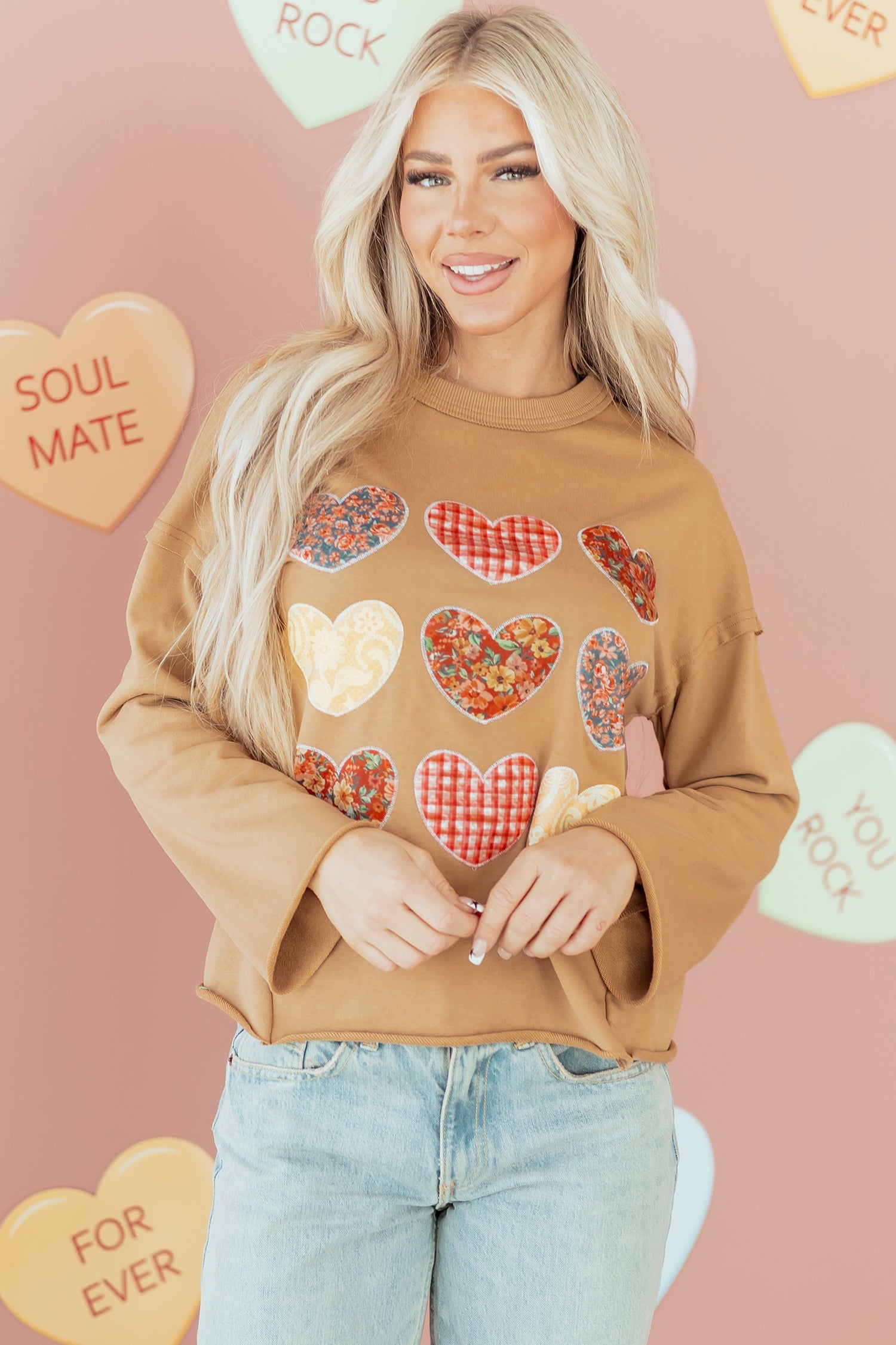 Floral Heart Stitched Exposed Seam Mineral Wash Sweatshirt - eAura