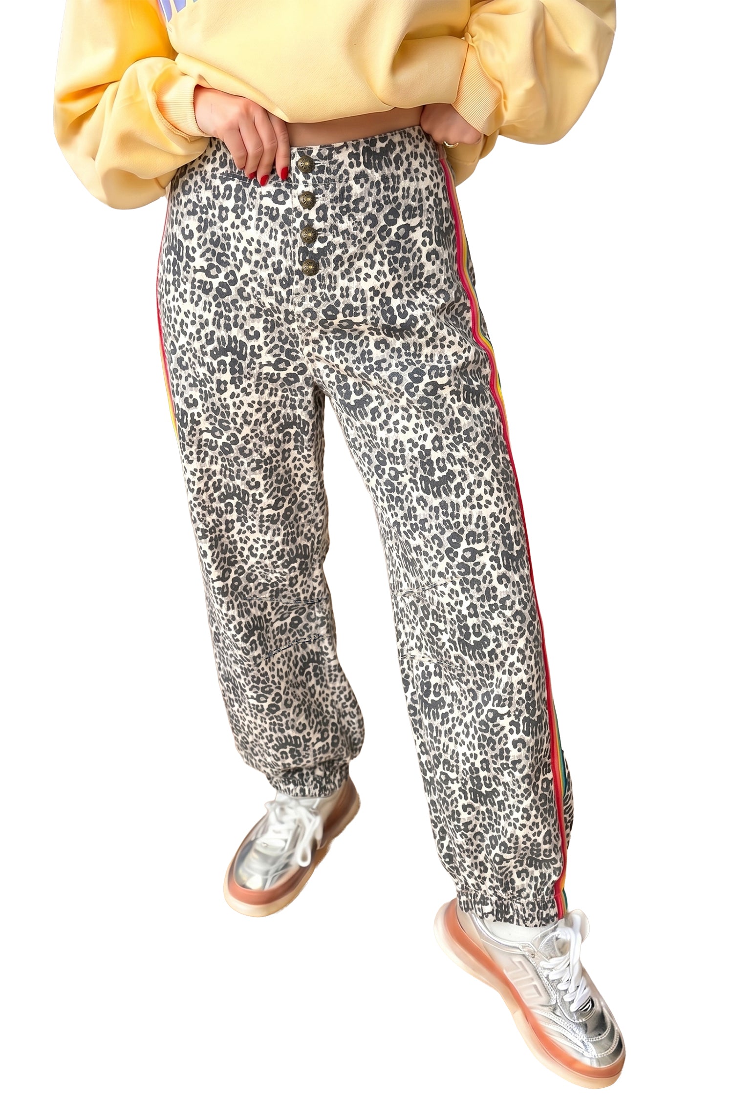 Leopard Print Rainbow Striped Detail Buttoned Loose Jogger Jeans – Brown