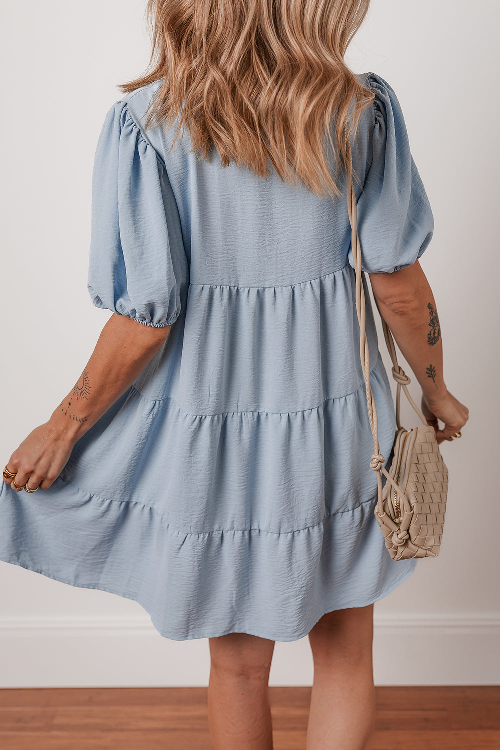 Beau Blue Shirt Collar Button Up Short Puff Sleeve Tiered Shift Dress - eAura