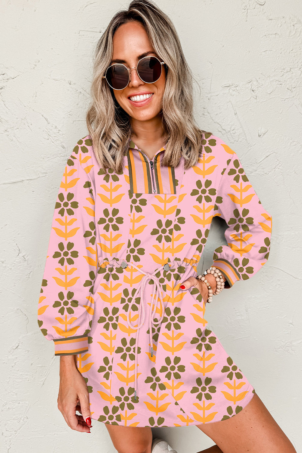 Pink Floral Print Zip Neck Striped Patchwork Long Sleeve Drawstring Dress eAura