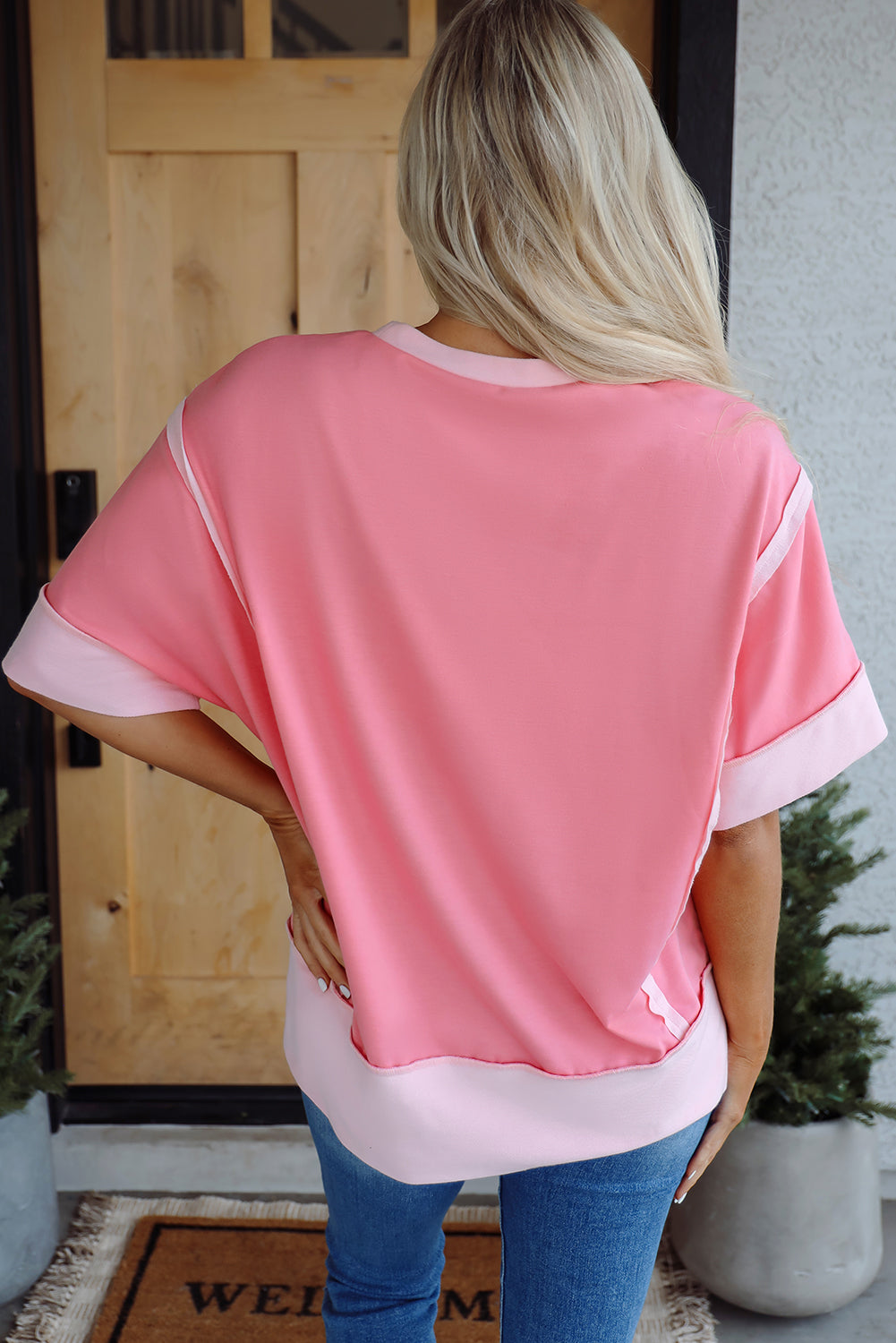 Peach Blossom Half Sleeve Raw Seam High Low Side Split Top - eAura