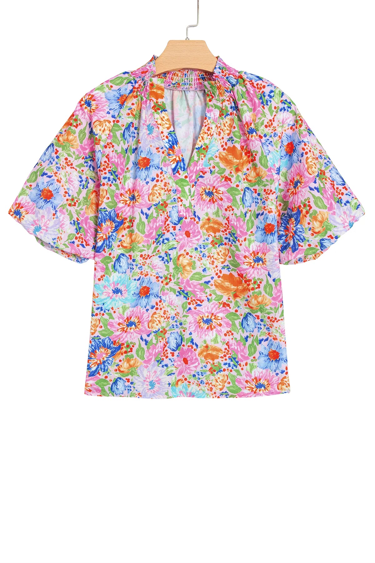 Floral Print V Neck Short Sleeve Shift Blouse – Pink