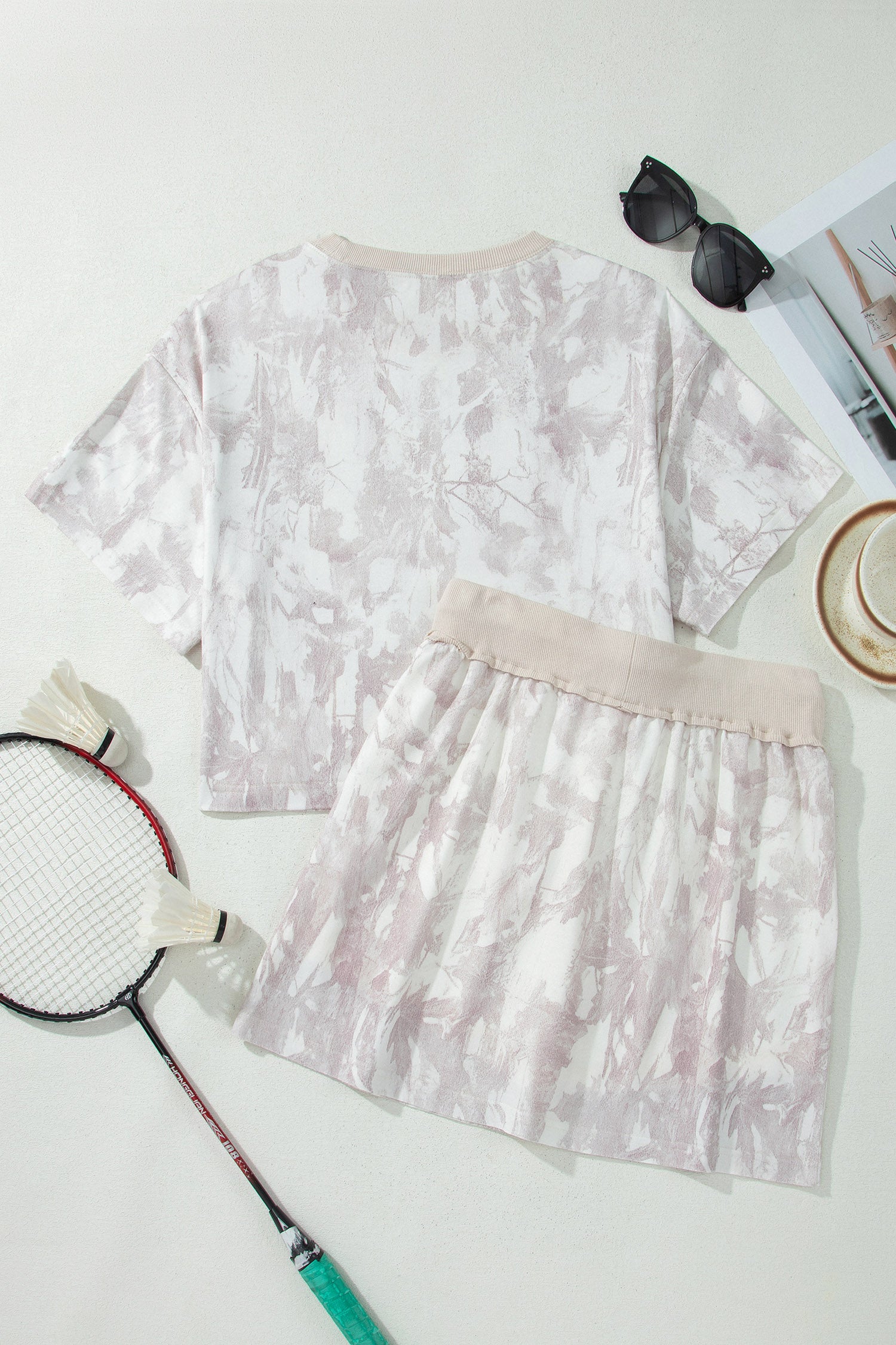Gray Woodland Camo Print Raw Edge Cropped Top & Skirt Set