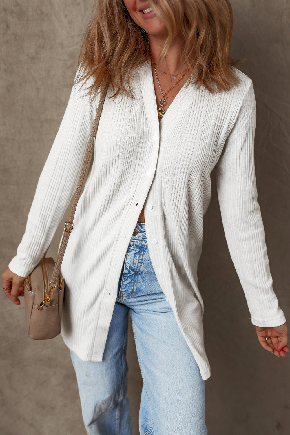 White Solid Colour Ribbed Button up Tunic Cardigan eAura