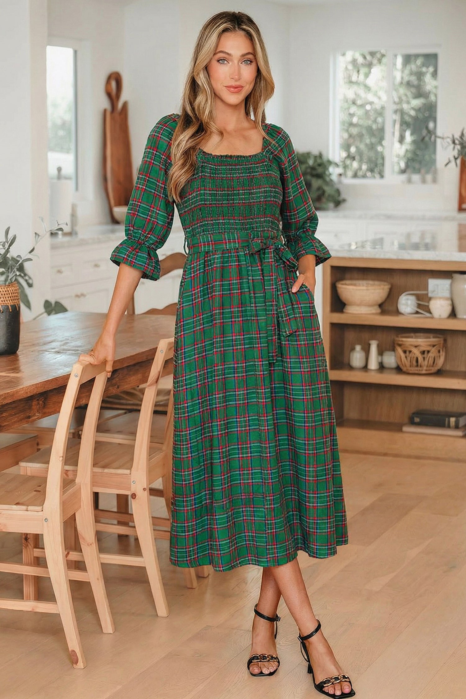 Tartan Plaid Square Neck Puff Sleeve Knot Waist Flared Midi Dress - Dresses/Midi Dresses