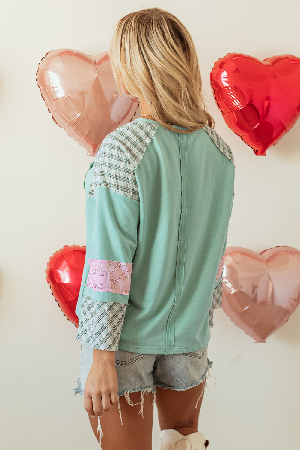 Clearly Aqua Plaid Floral Peace Heart Graphic Wide Long Sleeve Top Beagle Boutique Fashion Outlet