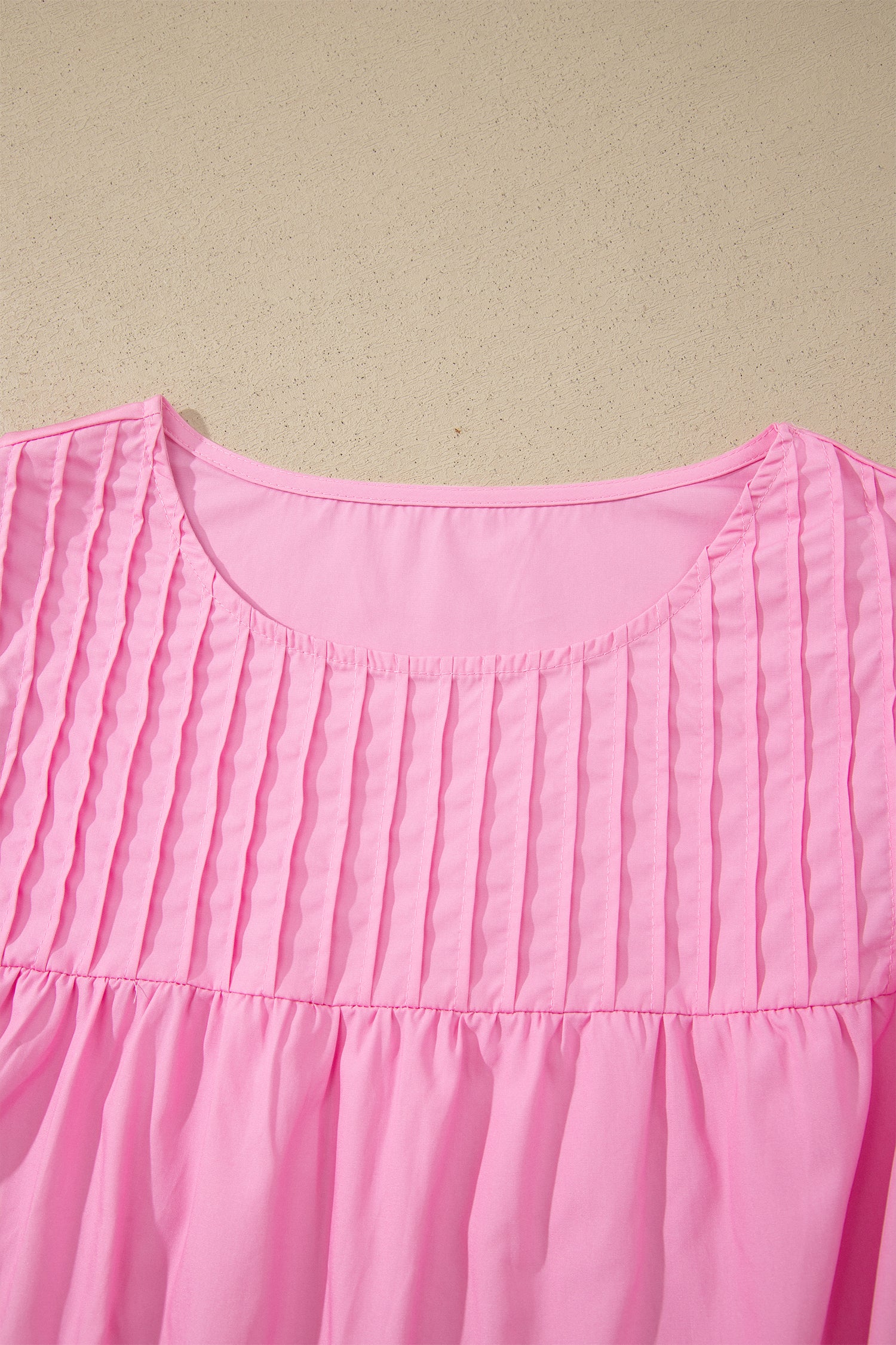 Bonbon Lace Detail Flutter Sleeve Pleated Round Neck Blouse – Pink