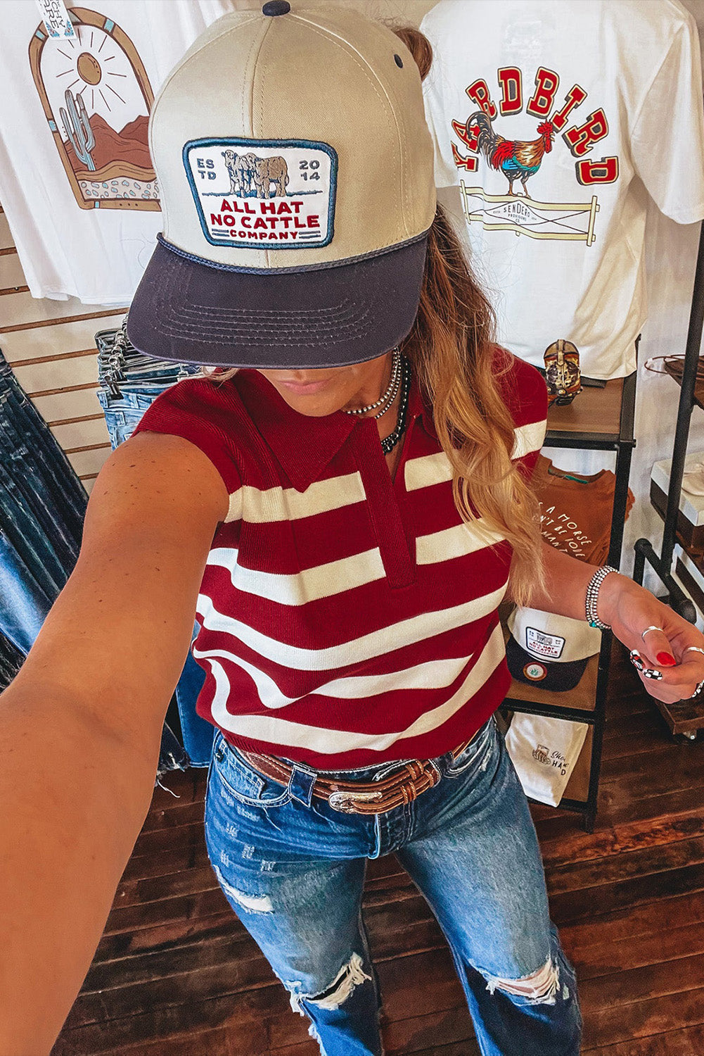 Red Stripe Collared Split Neck Sleeveless Sweater eAura