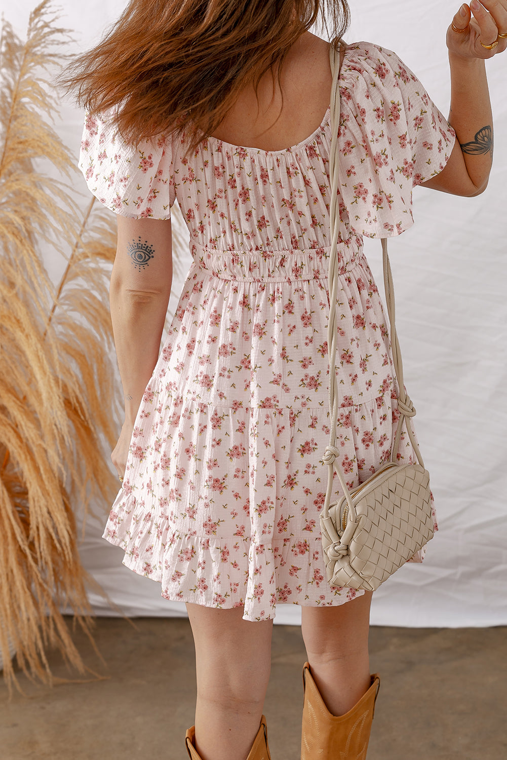 Front Tie Shirred Waist Short Sleeve Ruffled Floral Mini Dress