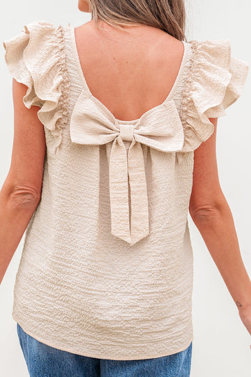 Beige Textured Bow Knot Frilled Butterfly Sleeve Blouse eAura