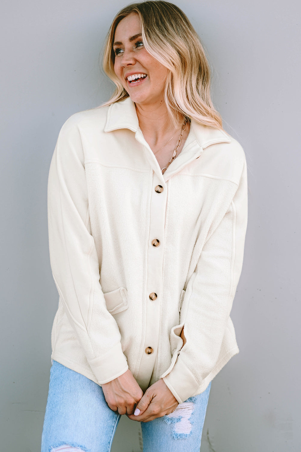Beige Button-Up Stitching Pocket Raw Hem Shacket eAura