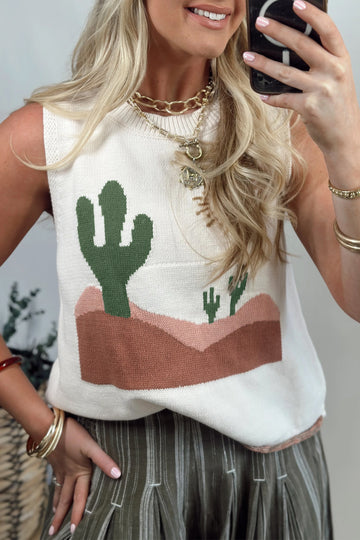 Cactus Print Colourblock Loose Sweater Vest