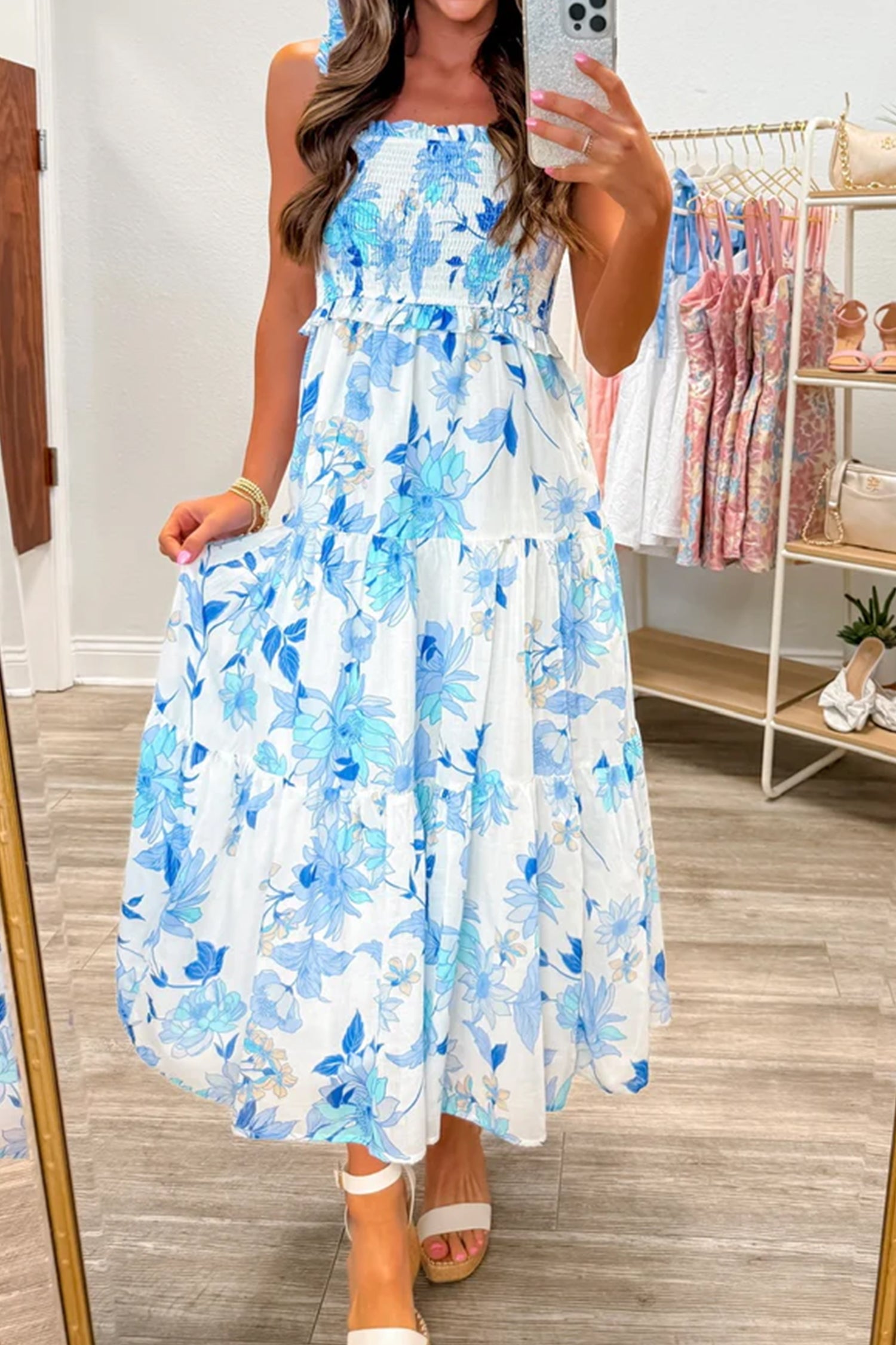 Ruffled Straps Smocked Tiered Floral Long Dress