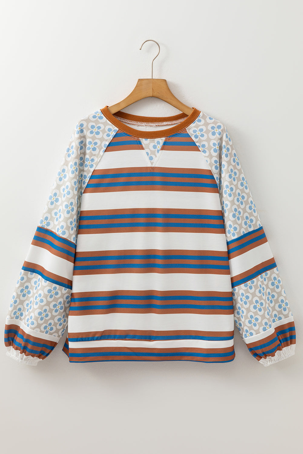 White Striped Floral Printed Patchwork Lantern Sleeve Blouse BB Fashion Outlet