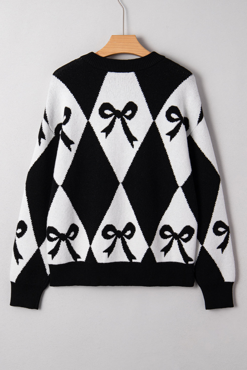Black Bow Print 2-tone Rhombus Knit Loose Sweater eAura