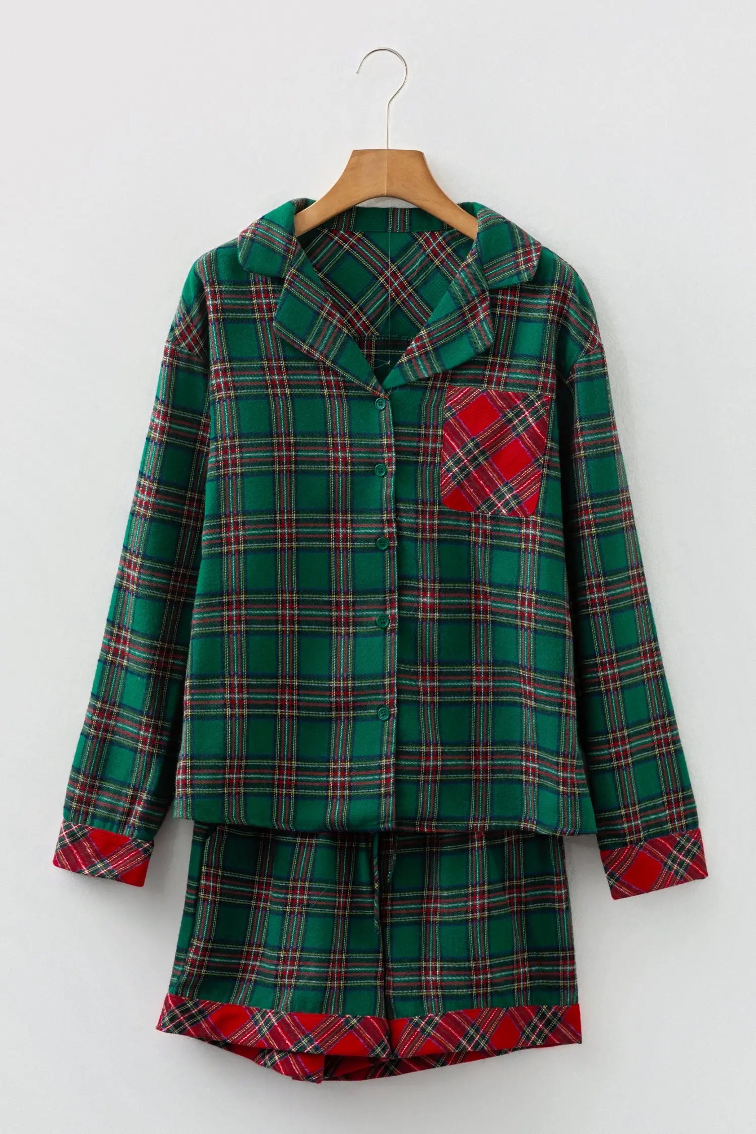 Plaid Contrast Christmas Holiday Long Sleeve Shirt and Shorts Pyjamas - Loungewear & Sleepwear/Sleepwear
