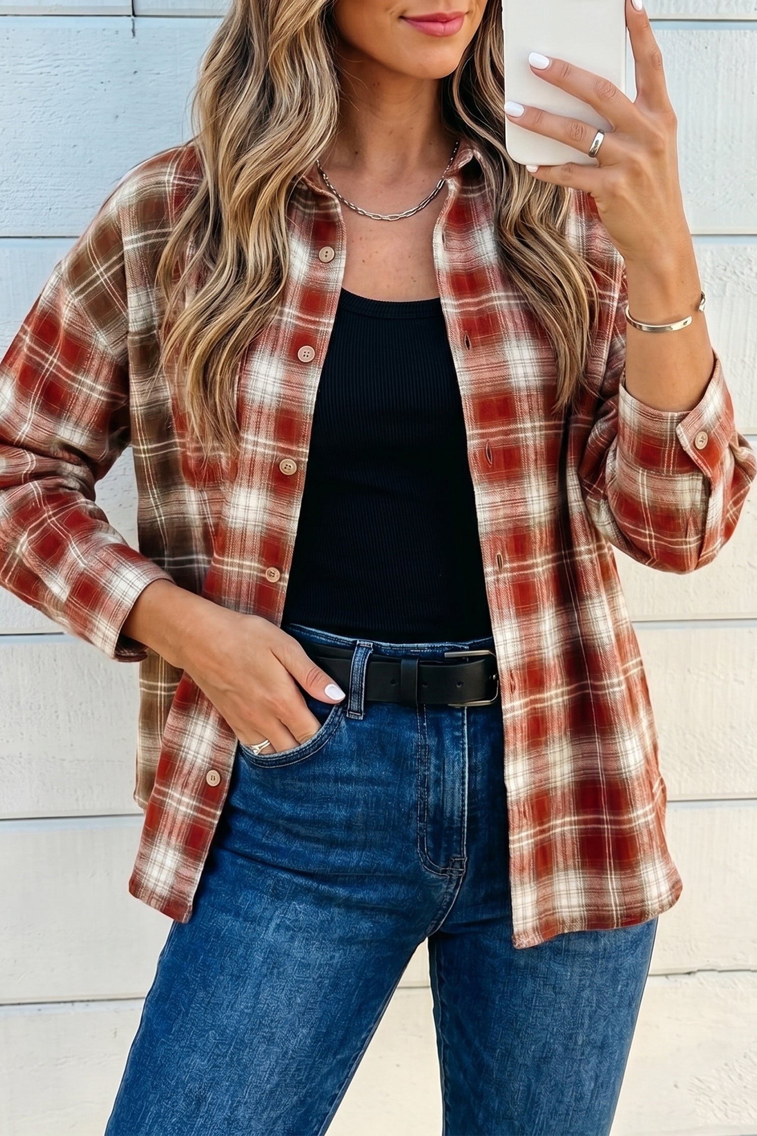 Contrast Plaid Long Sleeve Button Down Shirt – Red