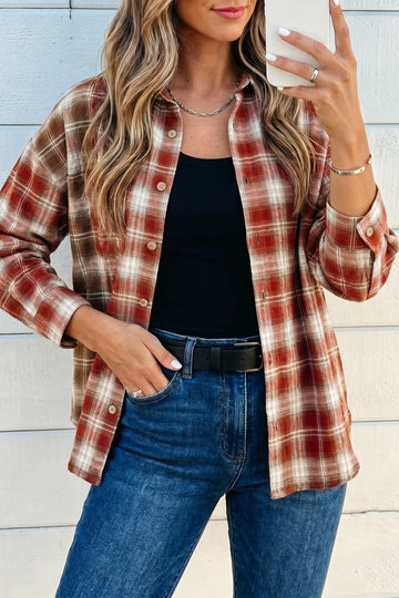 Contrast Plaid Long Sleeve Button Down Shirt – Red