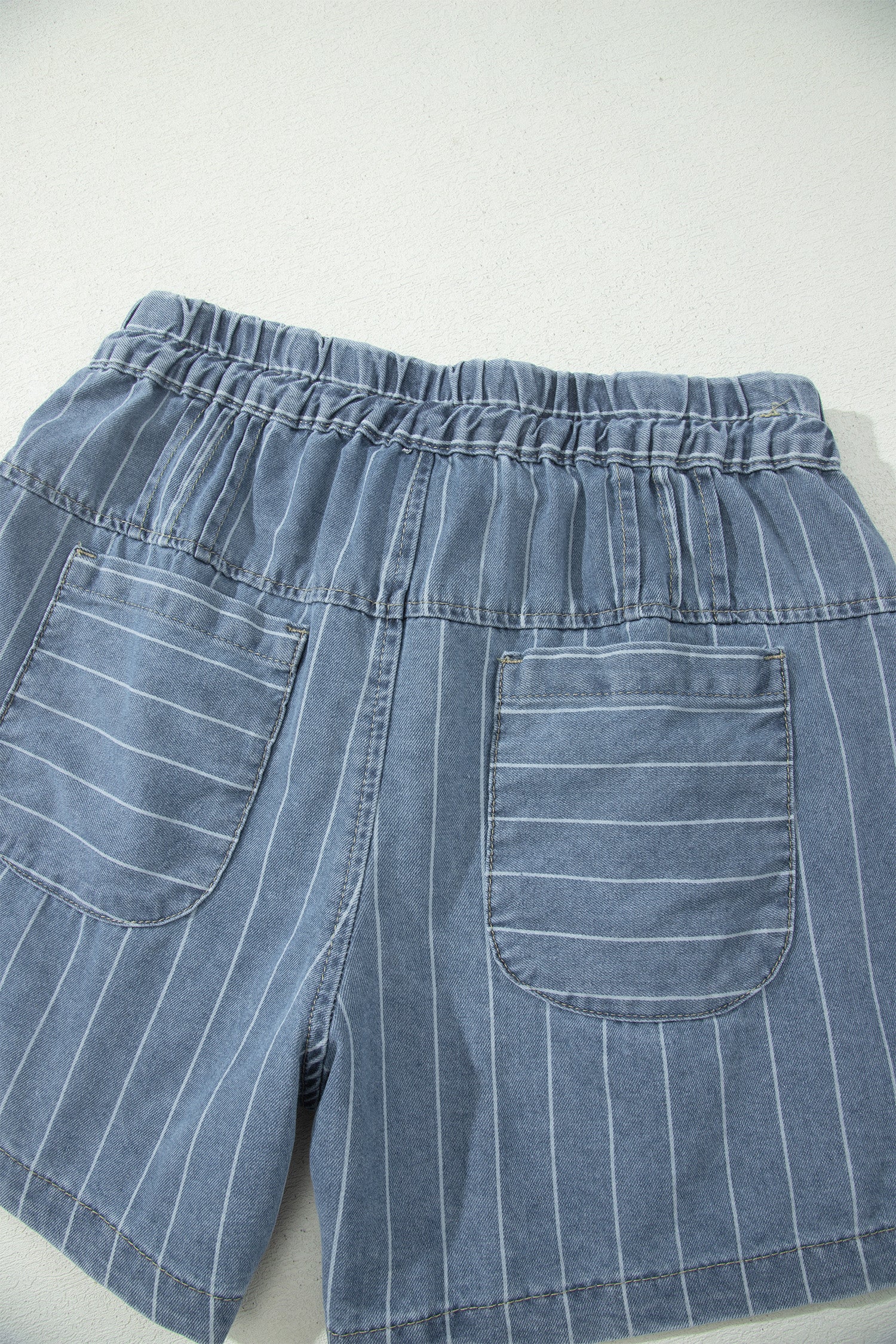 Sky Blue Stripe Drawstring Pleated High Waist Denim Shorts