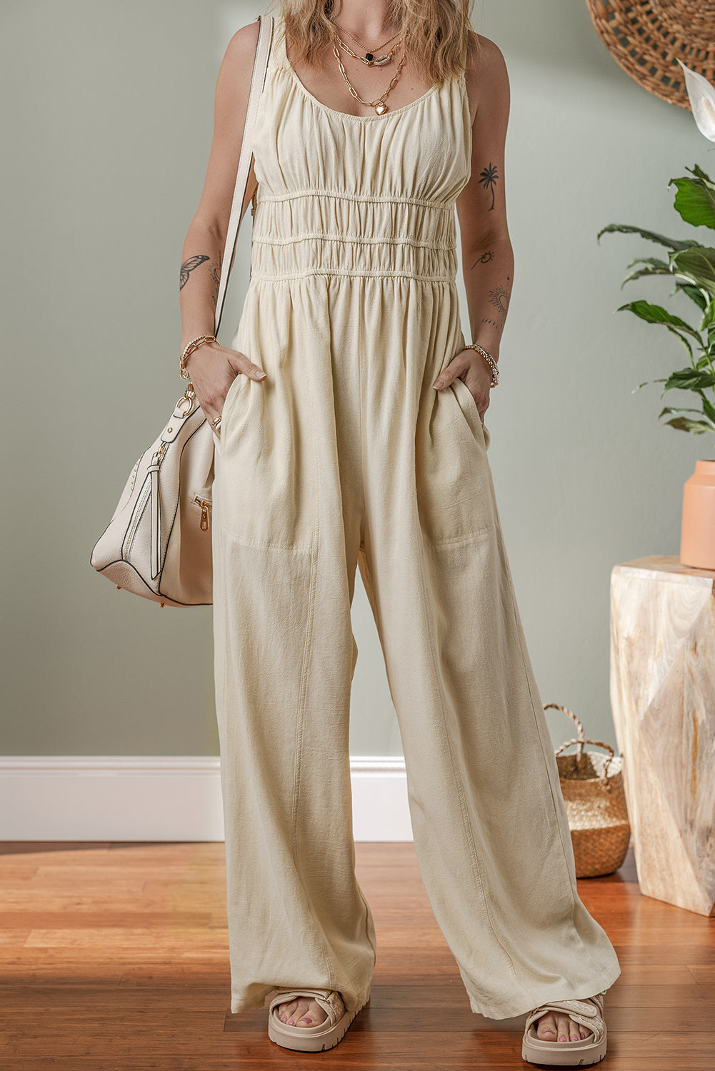 Beige Ruched High Waist Sleeveless Wide Leg Jumpsuit eAura