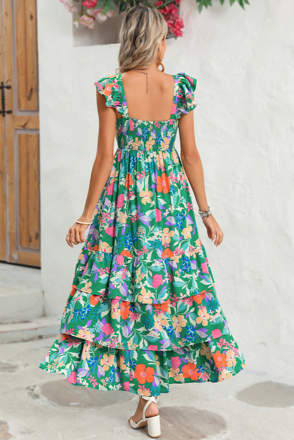 Floral Print Ruffle Sleeveless Tiered Maxi Dress