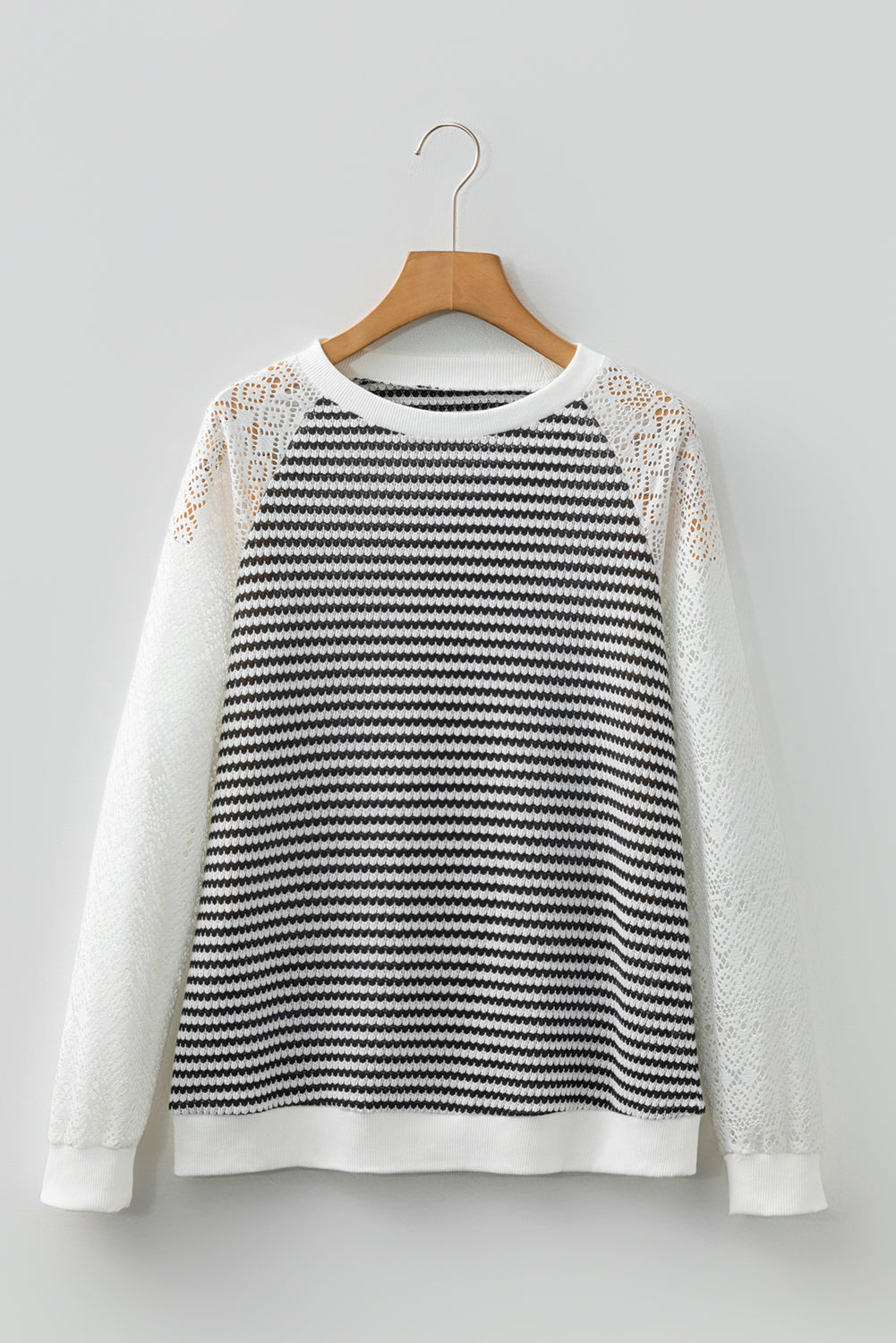 Black Stripe Textured Knit Contrast Lace Long Sleeve Top - eAura