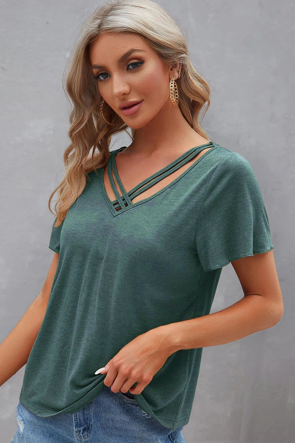 Black Crisscross V Neck Butterfly Sleeve T Shirt eAura