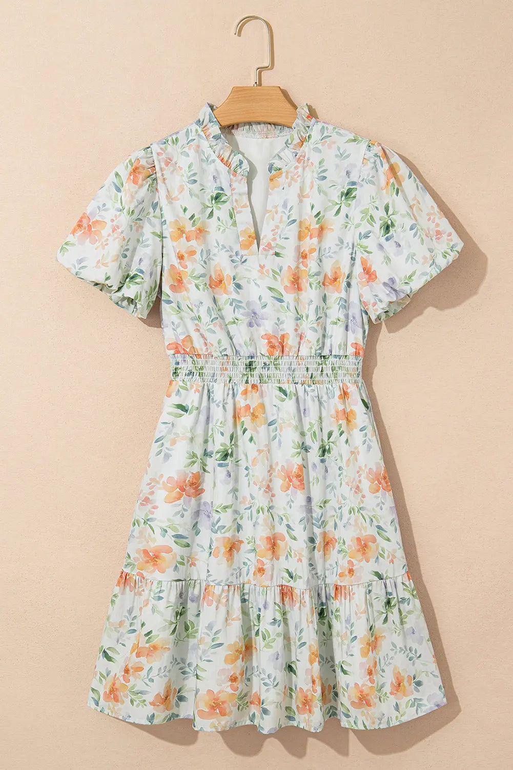 Beige Floral Print Shirred High Waist Puff Sleeve Mini Dress - Dresses/Floral Dresses