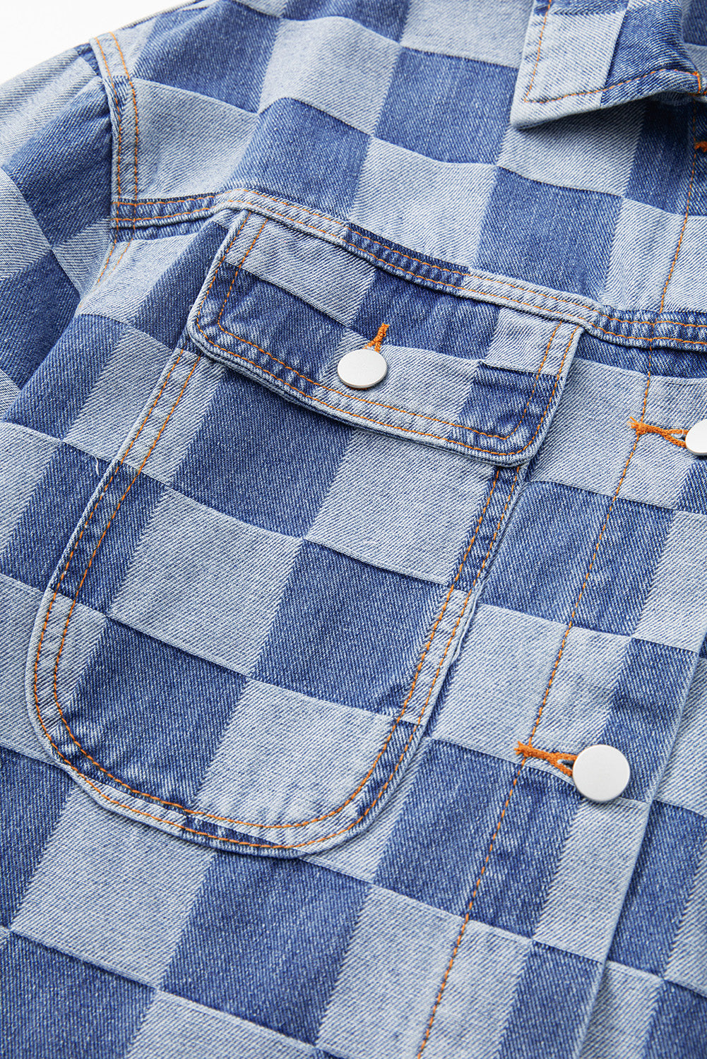 Light Blue Checkered Patchwork Button up Denim Jacket Beagle Boutique Fashion Outlet