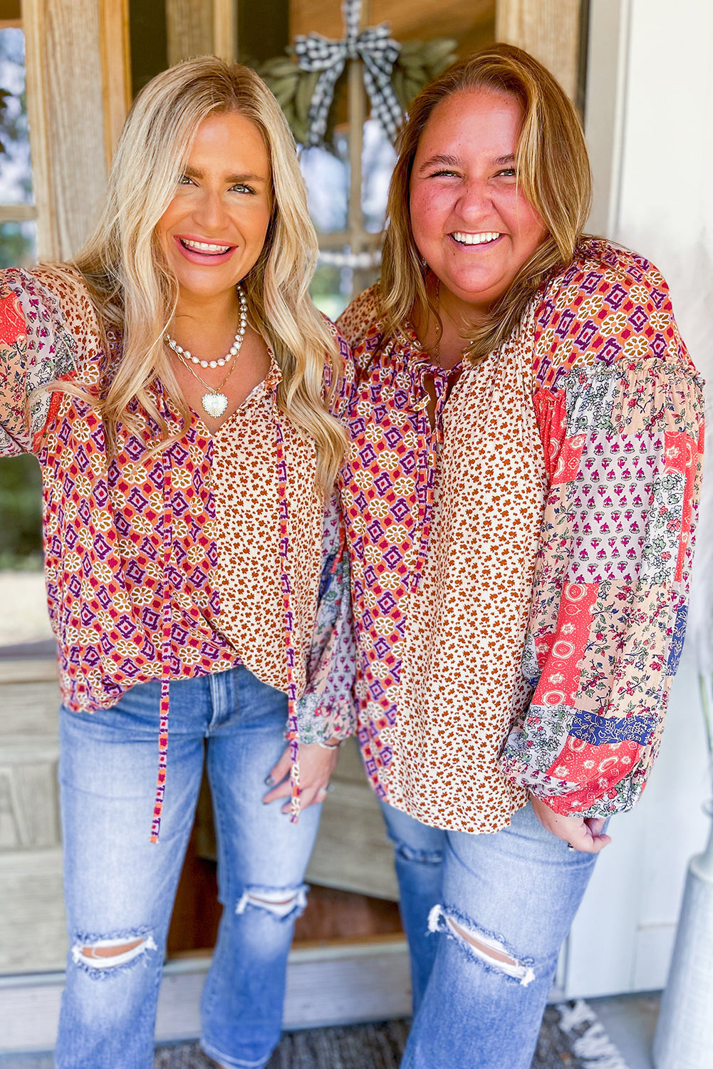 Orange Mixed Floral Printed Long Sleeve Tied V Neck Blouse eAura
