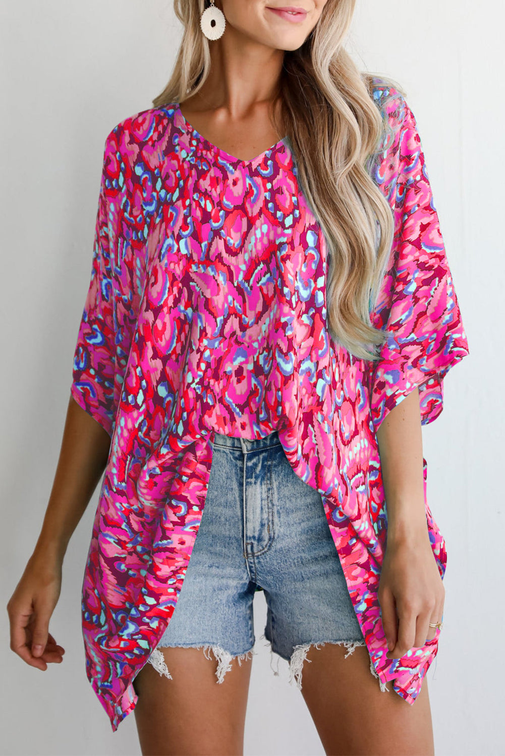 Pink Abstract Print V Neck Half Sleeve Loose Fit Tunic Blouse eAura