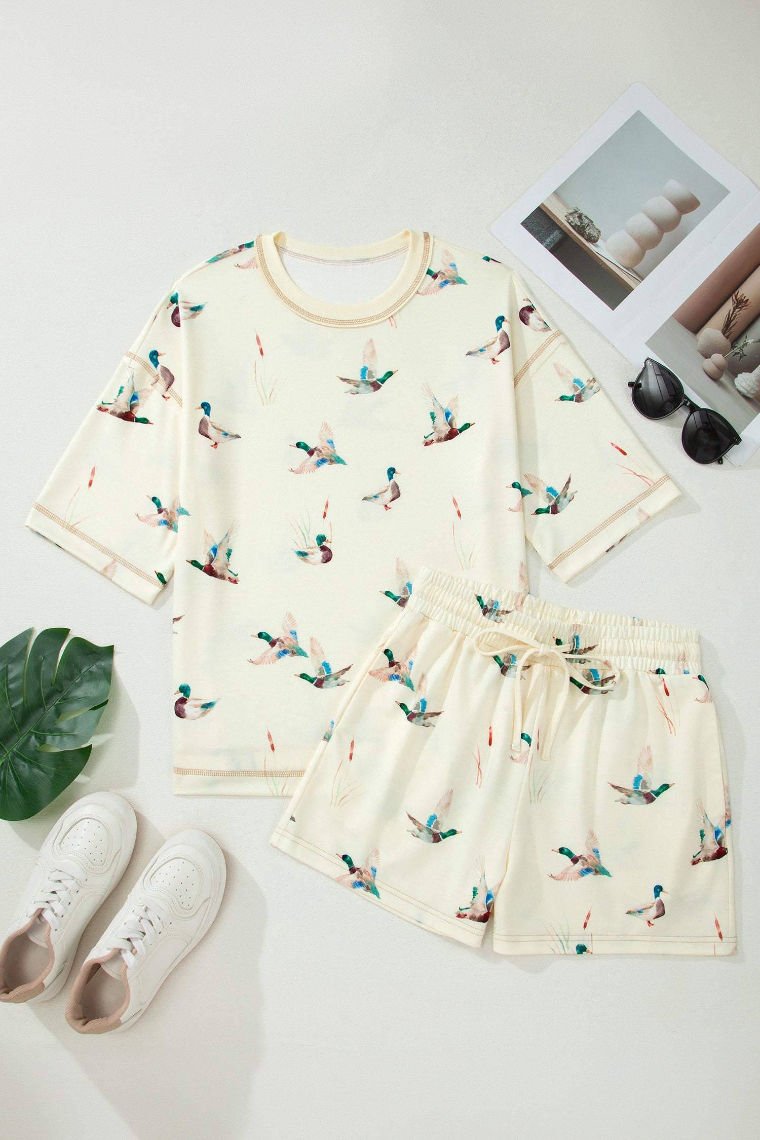 Mallard Duck Print Oversized Tee Drawstring Short Set – Beige